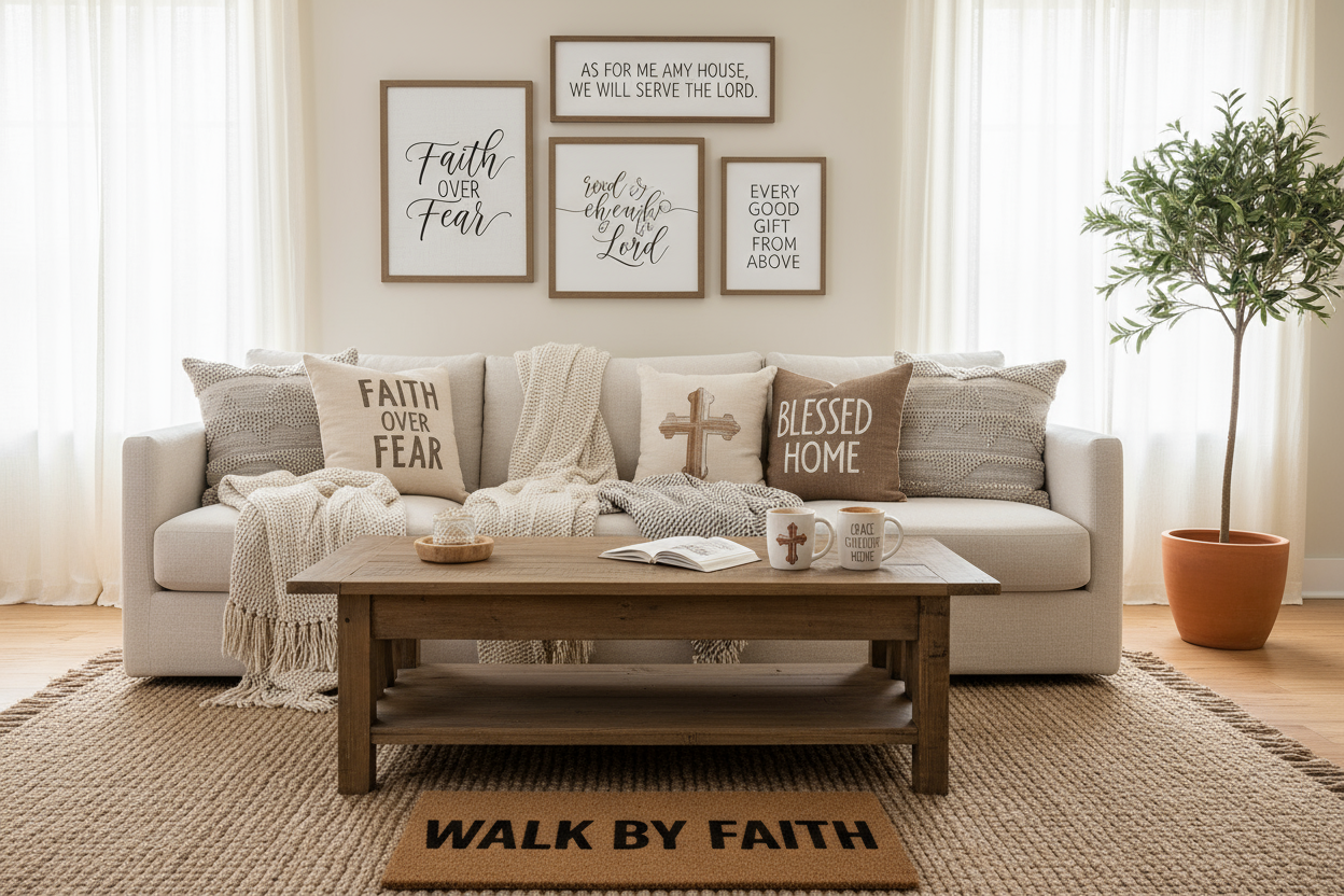 A cozy, inviting home space featuring personalized items like mugs, blankets, wall art, and a doormat with uplifting Christian quotes. Soft natural lighting, neutral tones, wooden textures, and a warm peaceful feel. Lifestyle photo for a faith-inspired home decor store banner.